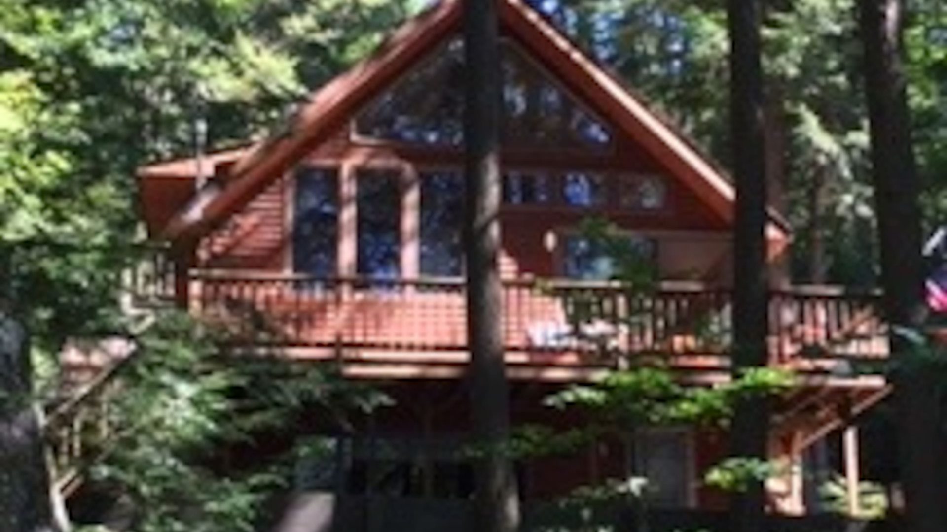 Chalet exterior seen through tall pines, with the A-frame roofline and the woods all around