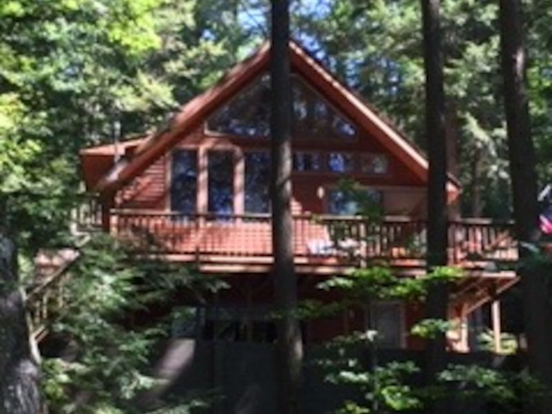 Chalet exterior seen through tall pines, with the A-frame roofline and the woods all around