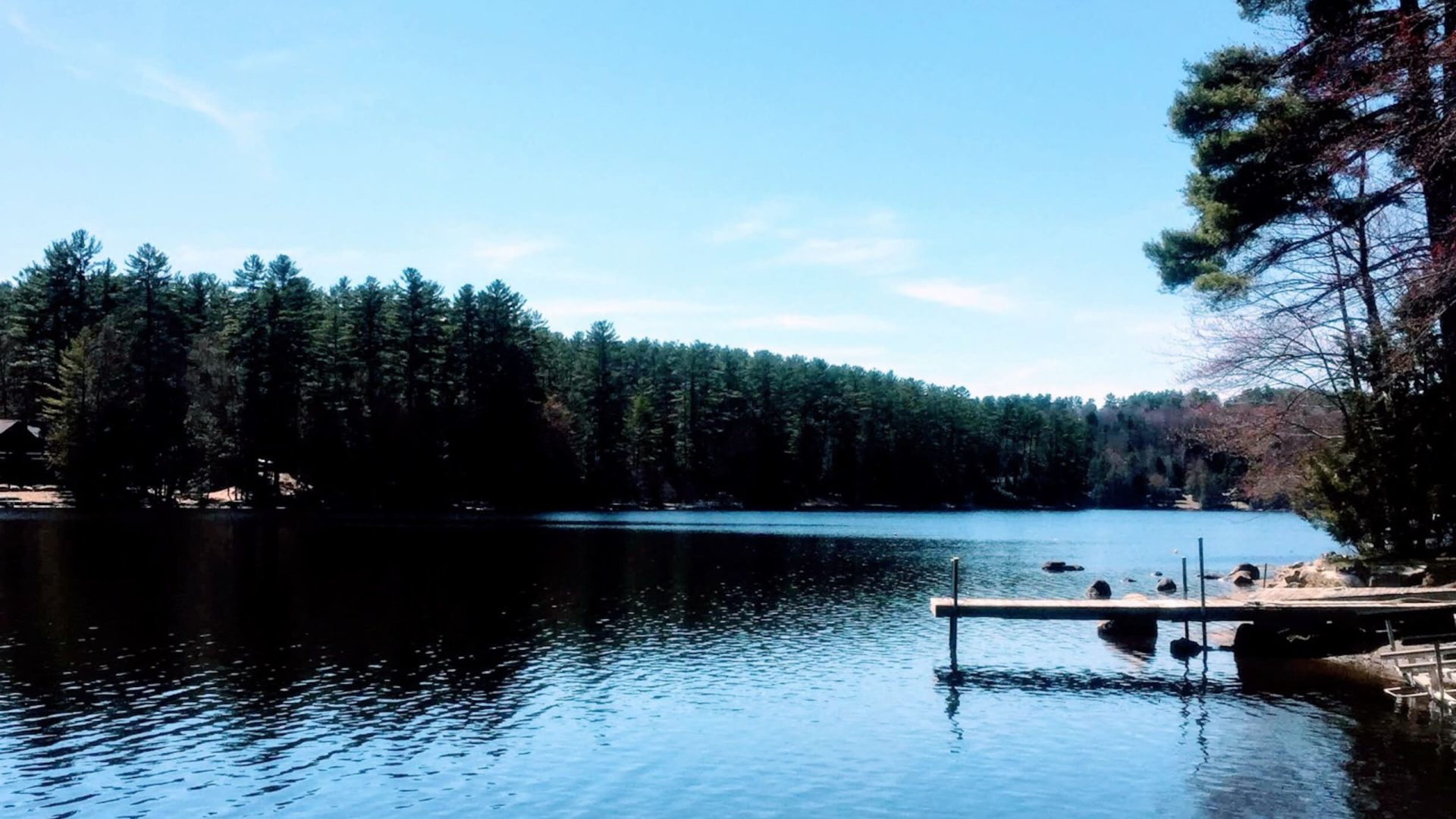 Open water on Loon Lake under blue sky, with a dock in the distance