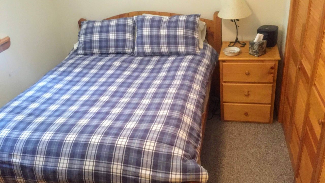 Main-floor queen bedroom with plaid bedding